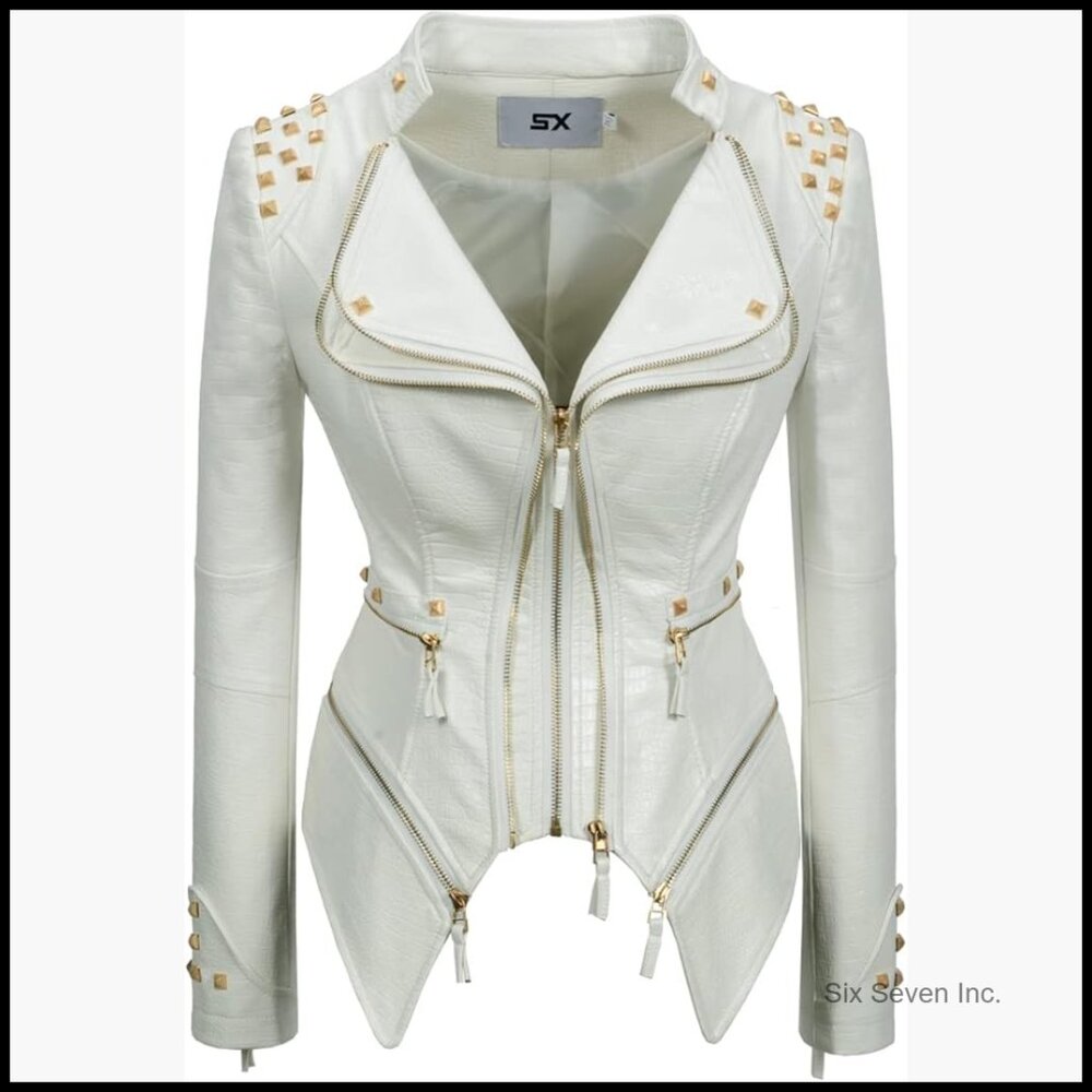 Pu Leather Moto Jacket With Studded Rivets, Faux Leather Biker Coat